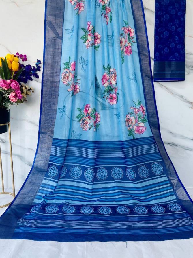MG 378 Gold Jari Border With Weaving Linen Printed Sarees Wholesale Online
